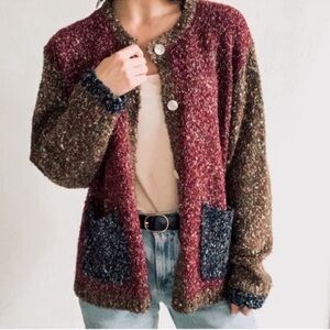 Celina Yang Designs Knit Boucle Boho Sweater Cardigan Sz XL Burgundy green